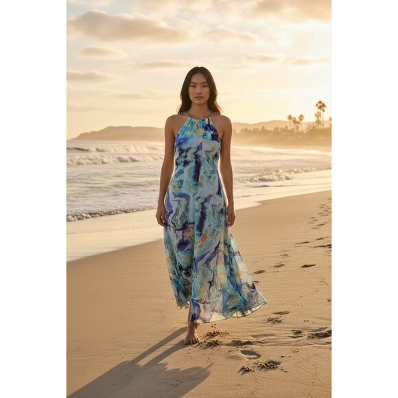 Vince Camuto Aqua Floral Halter Maxi Dress with Sliding Neckline Size 10 - Picture 1 of 7